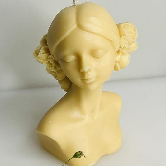 Serene Lady Figurine Candle with Blooming Flowers Yellow