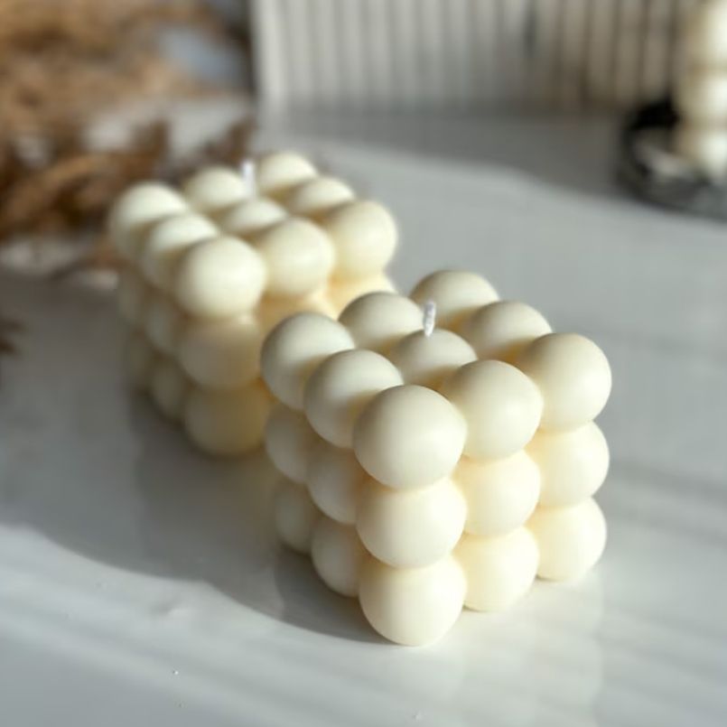 Set of 2 Large White Bubble Cube Candles