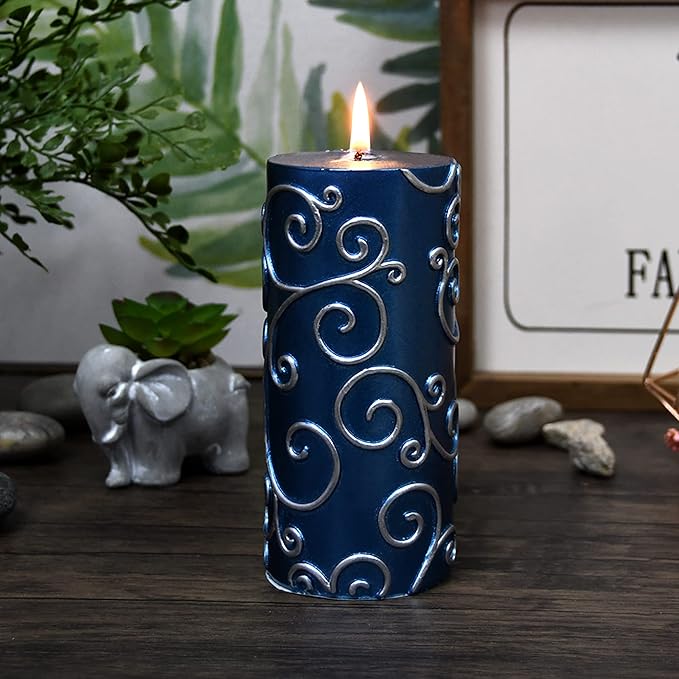 3X6 Inches Cylinder Pillar Candle Blue Flower