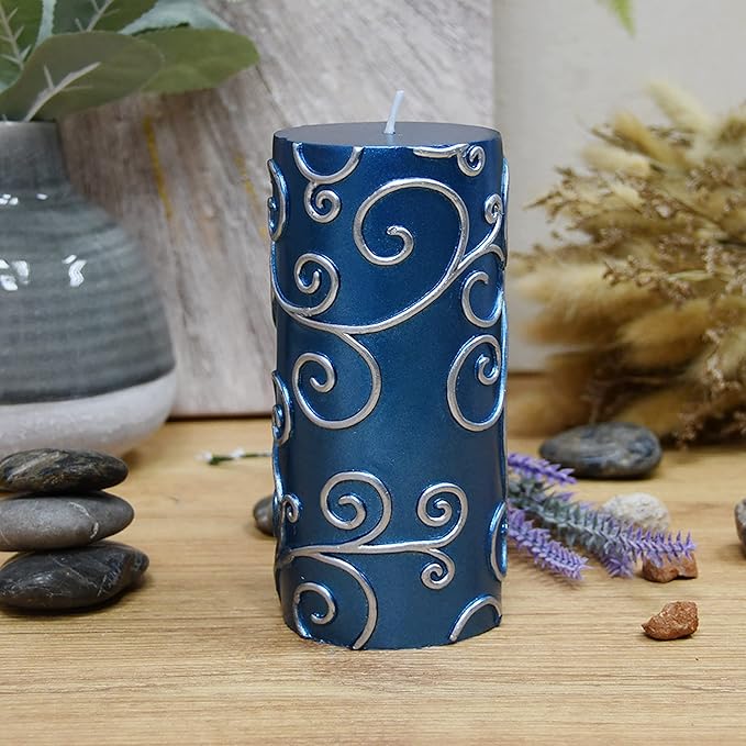 3X6 Inches Cylinder Pillar Candle Blue Flower