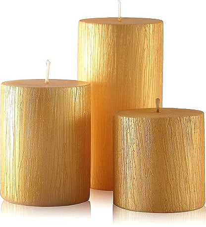 Set of 3 Pillar Candles - 90% Soy Wax & 10% Paraffin Wax Gold