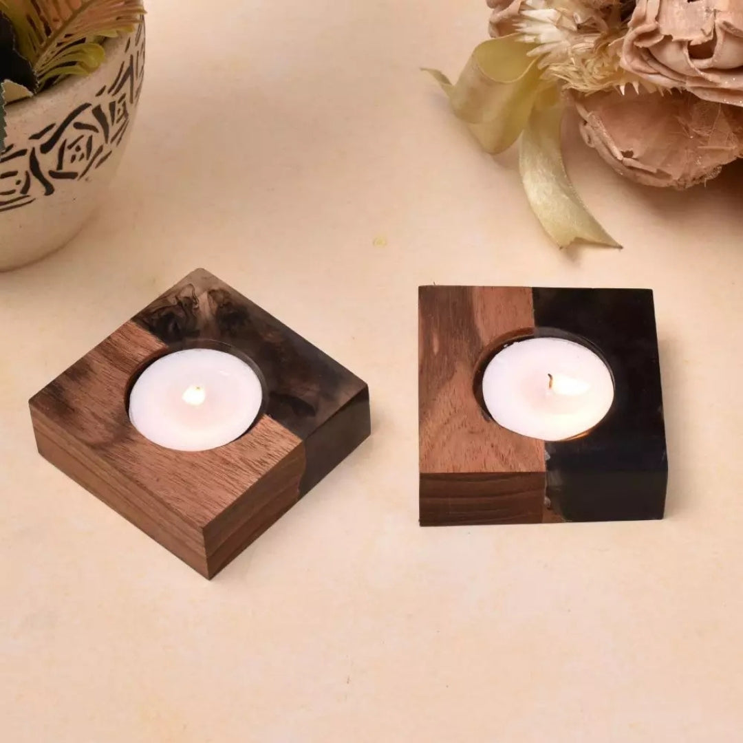 Set of 2 Wooden Tealight Candle Holder