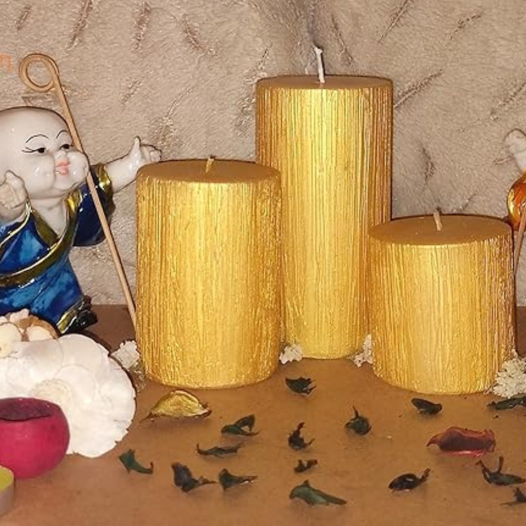 Set of 3 Pillar Candles - 90% Soy Wax & 10% Paraffin Wax Gold