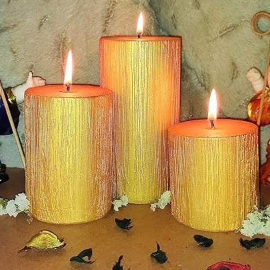 Set of 3 Pillar Candles - 90% Soy Wax & 10% Paraffin Wax Gold