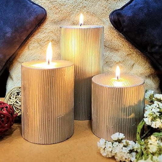 Set of 3 Pillar Candles - 90% Soy Wax & 10% Paraffin Wax Silver