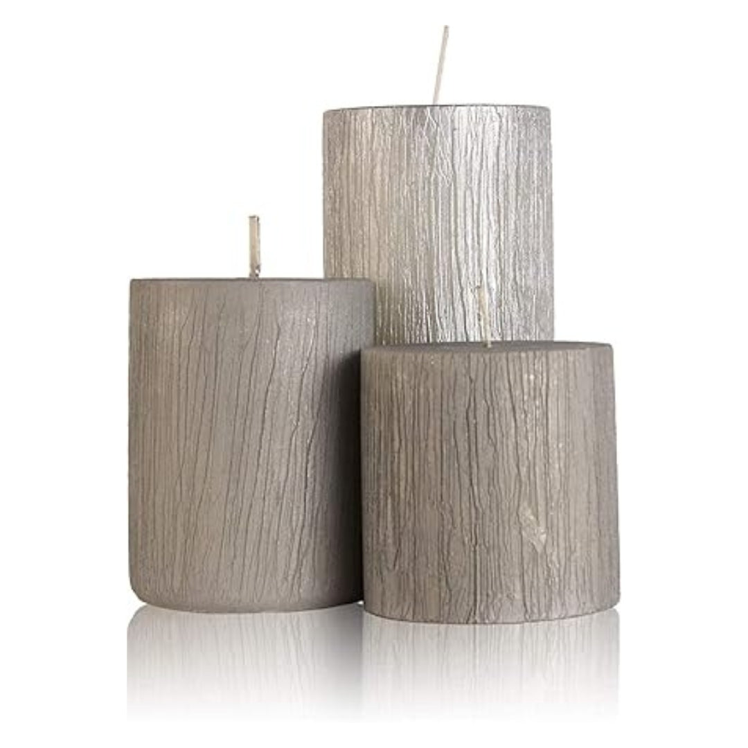 Set of 3 Pillar Candles - 90% Soy Wax & 10% Paraffin Wax Silver